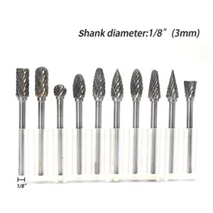 YUFUTOL Carbide Burr Set - 10pcs Double Cut Solid Carbide Rotary Burrs 3mm(0.118'') Shank Fits Die Grinder Drill for Woodworking,drilling Metal Carving Engraving Polishing