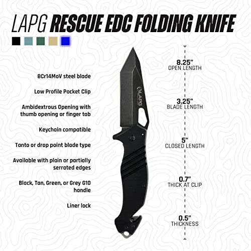 LA Police Gear Rescue EDC Folding Knife, Tactical Flipper Pocket Knife, Survival Knife With Seatbelt Cutter & Glass Breaker - Black Serrated Drop Point Blade/Tan Handle