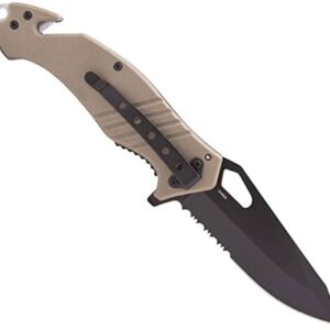 LA Police Gear Rescue EDC Folding Knife, Tactical Flipper Pocket Knife, Survival Knife With Seatbelt Cutter & Glass Breaker - Black Serrated Drop Point Blade/Tan Handle