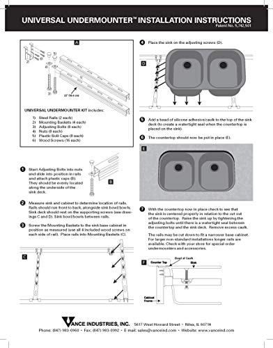 Vance Industries QN23UM 23" Universal Undermount Sink Installation Kit,Silver