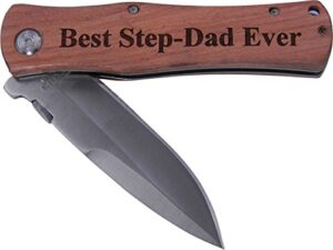 best step-dad ever folding pocket knife - great gift for father's day for dad, step-dad (wood handle)