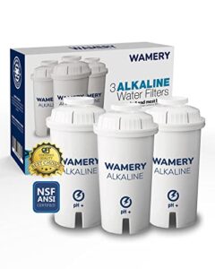 wamery certified alkaline water filter replacement fits brita and wamery pitcher cartridges 3-pack, increases water ph.