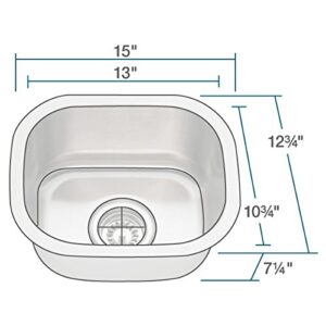 MR Direct 1512-16 Stainless Steel Undermount 15 in. Single Bowl Bar Sink, 16 Gauge