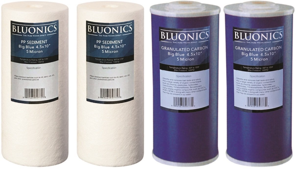 Bluonics Sediment & Carbon Replacement Water Filters 4pcs 4.5" x 10" Whole House Cartridges