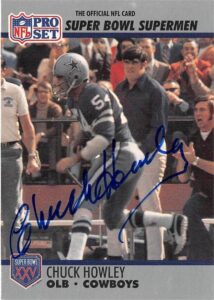 chuck howley autographed football card (dallas cowboys) 1990 pro set #98 super bowl supermen - nfl autographed football cards