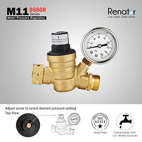 Renator RV Water Pressure Regulator for RV Camper. Brass Lead-free Adjustable RV Water Pressure Regulator with Gauge. RV Water Regulator for Camper Travel Trailer, Reducer Valve W Filter. M11-0660R.