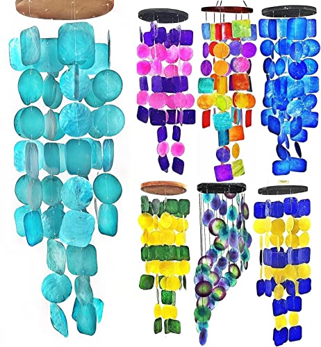 Bellaa 20744 Wind Chimes for Outside Aqua Turquoise Blue 27 inch Sea Glass Capiz Shells, Outdoor Windchimes Garden Patio Farmhouse Zen Beach Home Decor, Birthday Gifts for Women