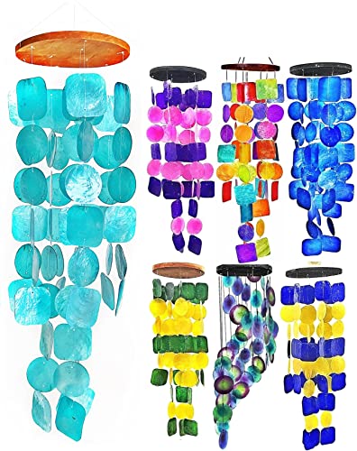 Bellaa 20744 Wind Chimes for Outside Aqua Turquoise Blue 27 inch Sea Glass Capiz Shells, Outdoor Windchimes Garden Patio Farmhouse Zen Beach Home Decor, Birthday Gifts for Women