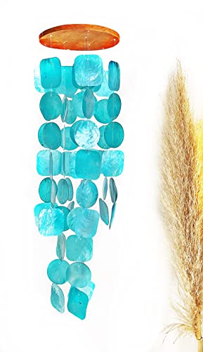 Bellaa 20744 Wind Chimes for Outside Aqua Turquoise Blue 27 inch Sea Glass Capiz Shells, Outdoor Windchimes Garden Patio Farmhouse Zen Beach Home Decor, Birthday Gifts for Women