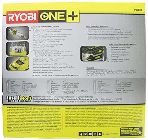 Ryobi P1813 One+ 18V Lithium Ion 750 Inch Pound Cordless Hammer Drill Power Tool Kit (Includes Battery Charger and Bag)