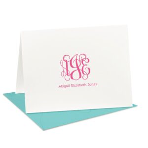 monogrammed personalized preppy girls or womens folded notecard stationery, custom card and envelope set - vine monogram fold