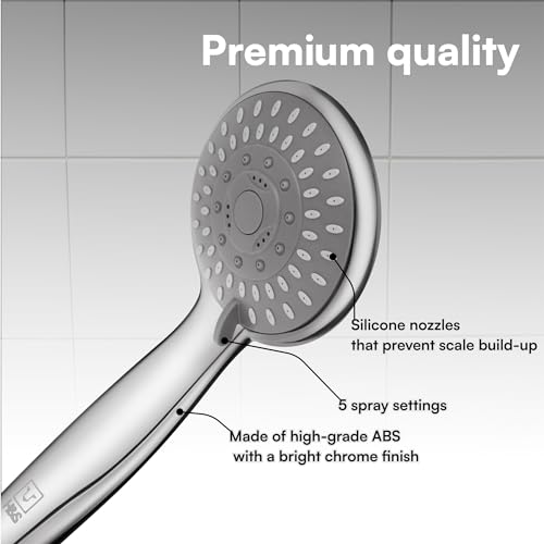 H&S Universal Handheld Shower Head with High and Low Water Pressure - Hand Showerhead with 5 Different Spray Modes - Powerful Chrome Replacement - Also for RV or Camper