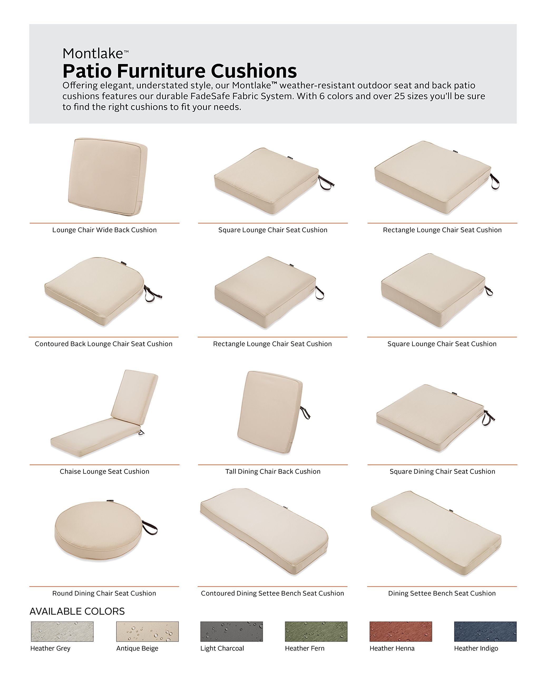 Classic Accessories Montlake FadeSafe Water-Resistant 25 x 27 x 5 Inch Rectangle Outdoor Seat Cushion Slip Cover, Patio Furniture Chair Cushion Cover, Antique Beige, Patio Furniture Cushion Covers
