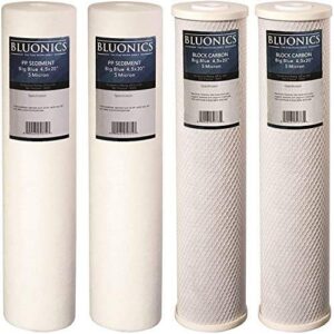 bluonics sediment & cto carbon block water filters 4-pack (5 micron) 4.5" x 20" whole house cartridges for rust, iron, sand, dirt, sediment, chlorine, insecticides and odors