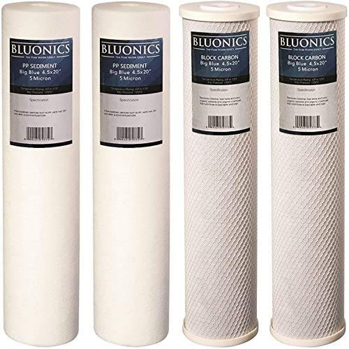 BLUONICS Sediment & CTO Carbon Block Water Filters 4-pack (5 Micron) 4.5" x 20" Whole House Cartridges for Rust, Iron, Sand, Dirt, Sediment, Chlorine, Insecticides and Odors