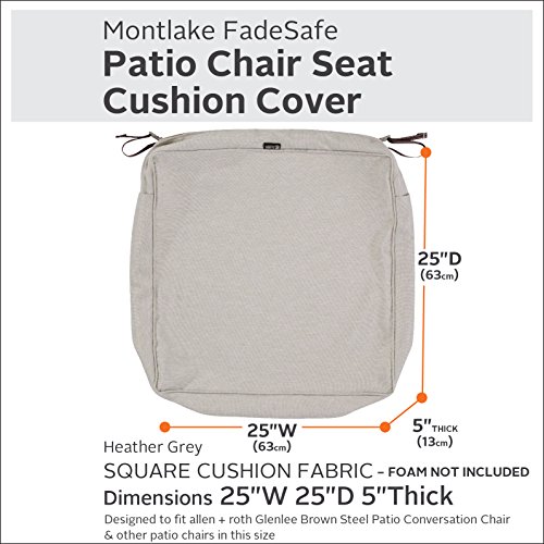 Classic Accessories Montlake FadeSafe Water-Resistant 25 x 25 x 5 Inch Square Outdoor Seat Cushion Slip Cover, Patio Furniture Chair Cushion Cover, Heather Grey, Patio Furniture Cushion Covers