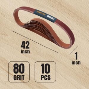 POWERTEC 414208A 1 x 42 Inch Sanding Belts, 80 Grit Aluminum Oxide Belt Sander Sanding Belt for Belt Sander, Belt and Disc Sander, Wood & Paint sanding, Metal Polishing, 10PK