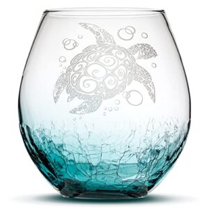 integrity bottles tribal sea turtle design stemless wine glass, handmade, handblown, hand etched gifts, sand carved, 18oz (crackle teal)