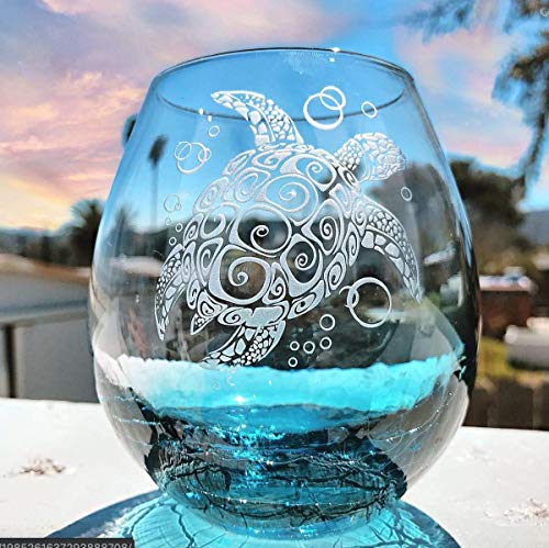 Integrity Bottles Tribal Sea Turtle Design Stemless Wine Glass, Handmade, Handblown, Hand Etched Gifts, Sand Carved, 18oz (Crackle Teal)