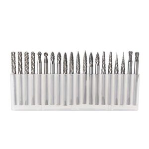 yufutol 20pcs solid carbide burr set 0.118‘’（3mm）shank tungsten carbide rotary files burrs with 3mm cutting head diameter fits most rotary drill die grinder for woodworking,engraving,drilling,carving