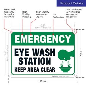 Eye Wash Station Signs, Emergency Sign, 10x7 Rust Free Aluminum, Weather/Fade Resistant, Easy Mounting, Indoor/Outdoor Use, Made in USA by SIGO SIGNS