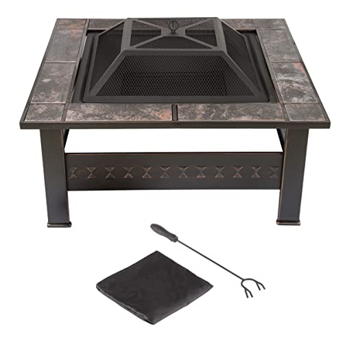 Pure Garden 50-155 Wood Burning Fire Pit Set Includes Screen, Cover and Log Poker-for Outdoor and Patio, 32-inch Marble Tile Square Firepit, Bronze