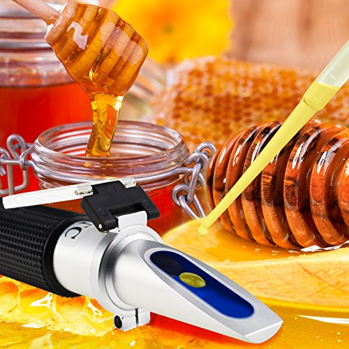 Optics Honey Sugar Moisture Brix Baume Refractometer ATC, Tri-Scale 58-90% Brix, 38-43 Be'(Baume) 12-27% Water, Beekeeping, Maple, w/Extra Dioptric Oil (for Calibration), Reference