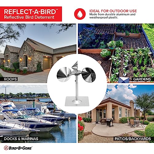 Bird B Gone - Reflect-A-Bird - Reflective Spinning Deterrent - Repels Pigeons, Sparrows, & Woodpeckers - Wind Powered - for Gardens, Railings, Roofs, Etc - Weatherproof Aluminum - Adjustable Neck