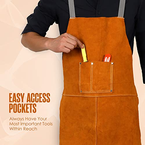 Houseables Leather Welding Apron, Fire Resistant Welder Smock, 23 x 35 Inch, Large, 2 Pockets, Kevlar Stitching, Safety Accessory For Blacksmithing, Carpentry, Torch Work, Roofing, Woodworking, Garage