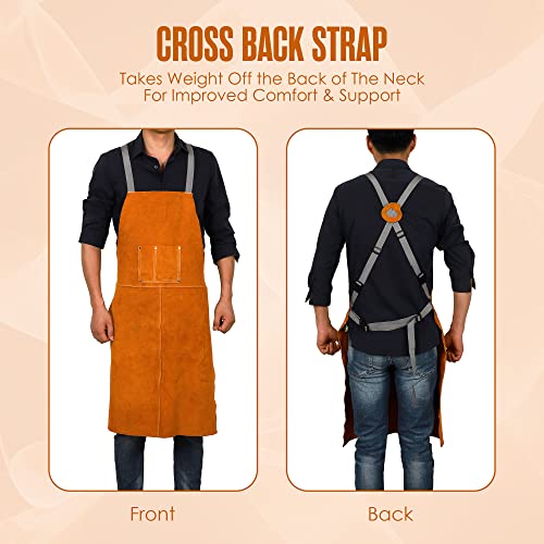 Houseables Leather Welding Apron, Fire Resistant Welder Smock, 23 x 35 Inch, Large, 2 Pockets, Kevlar Stitching, Safety Accessory For Blacksmithing, Carpentry, Torch Work, Roofing, Woodworking, Garage