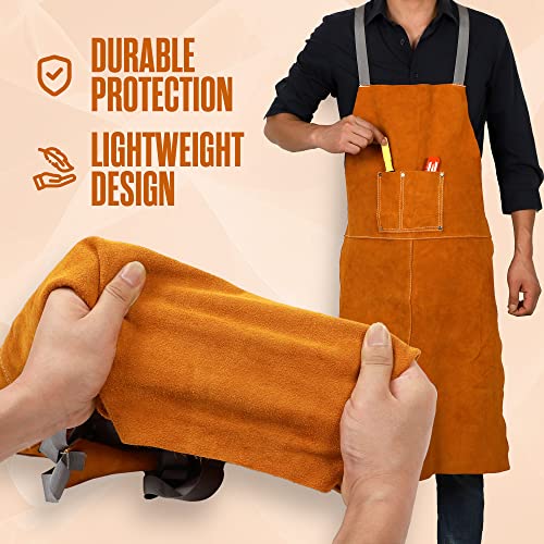 Houseables Leather Welding Apron, Fire Resistant Welder Smock, 23 x 35 Inch, Large, 2 Pockets, Kevlar Stitching, Safety Accessory For Blacksmithing, Carpentry, Torch Work, Roofing, Woodworking, Garage