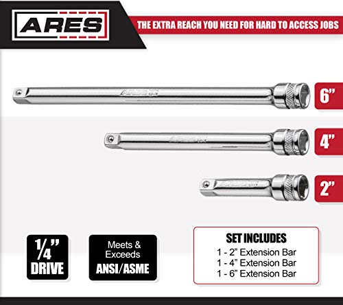 ARES 70243-3-Piece 1/4-Inch Drive Socket Extension Set - Includes 2-Inch, 4-Inch and 6-Inch Extensions - Premium Chrome Vanadium Steel with Mirror Finish