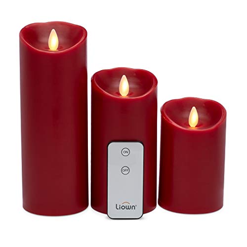 Raz Imports Push Flame Red Pillar Candles with Remote, Set of 3 - Flameless Lighting Accent and Battery Operated Flickering Light Source with Timer - Fake Candles for Living Room, Patio and Bedroom