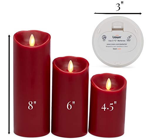 Raz Imports Push Flame Red Pillar Candles with Remote, Set of 3 - Flameless Lighting Accent and Battery Operated Flickering Light Source with Timer - Fake Candles for Living Room, Patio and Bedroom