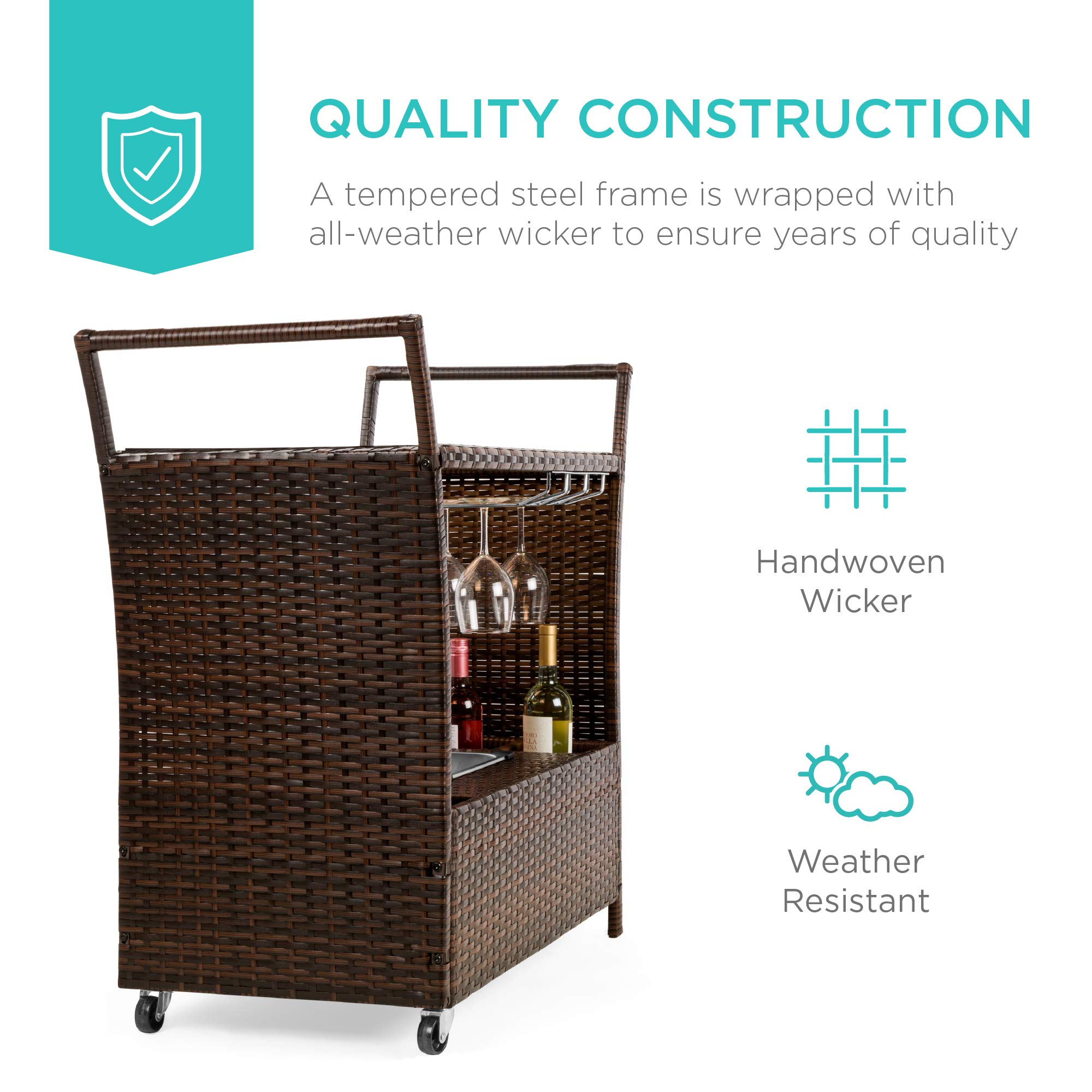 Best Choice Products Outdoor Rolling Wicker Bar Cart w/Removable Ice Bucket, Glass Countertop, Wine Glass Holders, Storage Compartments - Brown