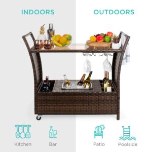 Best Choice Products Outdoor Rolling Wicker Bar Cart w/Removable Ice Bucket, Glass Countertop, Wine Glass Holders, Storage Compartments - Brown