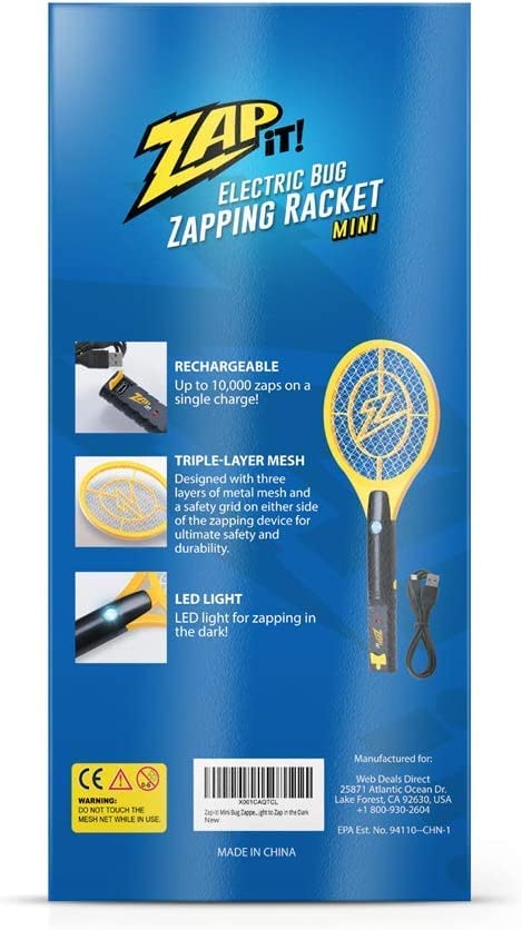 Zap It! Mini Bug Zapper - Rechargeable Mosquito, Fly Killer and Bug Zapper Racket - Flies Killer Indoor - 4,000 Volt - USB Charging, Super-Bright LED Light to Zap in The Dark - Safe to Touch