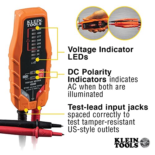 Klein Tools ET60 Voltage Tester, Tests AC and DC Voltage and Low Voltage, No Batteries Needed,Orange/Black