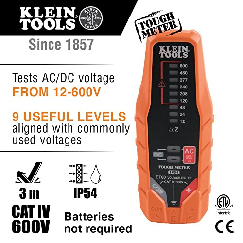 Klein Tools ET60 Voltage Tester, Tests AC and DC Voltage and Low Voltage, No Batteries Needed,Orange/Black