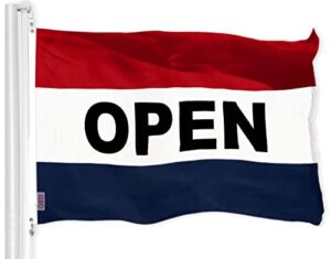 g128 open flag | 3x5 ft | liteweave pro series printed 150d polyester | commercial business flag, indoor/outdoor, vibrant colors, brass grommets, thicker and more durable than 100d 75d polyester