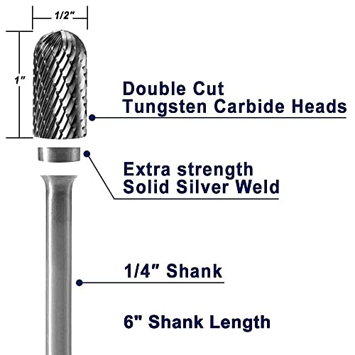 YUFUTOL SC-5L6 Tungsten Carbide Burr - 6” (152.4mm) Long Double Cut Carbide Burr File (1/2” cutter Dia X 1”Cutter Length) with 1/4 Shank Dia Cylinder with Ball Nose Shape,1pcs