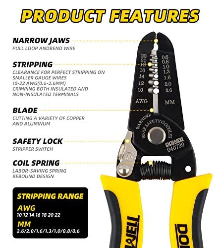 DOWELL 10-22 AWG Wire Stripper Cutter Wire Stripping Tool And Multi-Function Hand Tool，Professional Handle Design And Refined Craftsmanship.