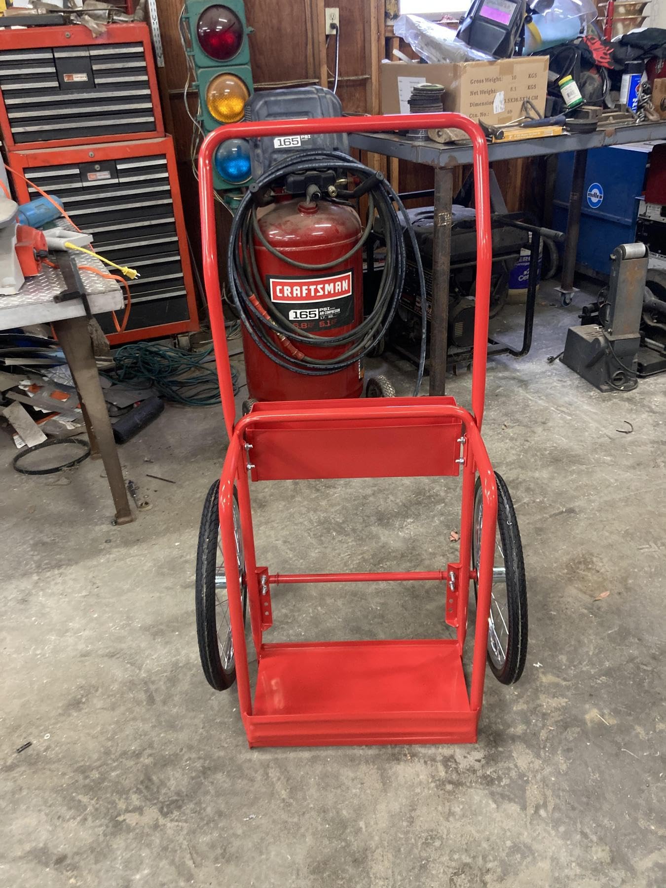 Red Steel Welding Cart Hauls Welding Tanks Torch Equipment Over Rough Terrain