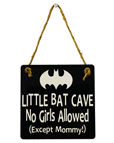 Little Bat Cave No Girls Allowed - Superhero Door Sign Hanger - Gift Present for Baby Shower Nursery