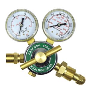 flame tech flow gauge argon regulator, easy to read 2” dual-scale gauges, ideal welding tool, sturdy construction, comes packaged in a black box, tested in the usa