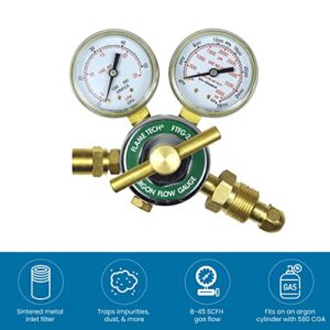 Flame Tech Flow Gauge Argon Regulator, Easy to Read 2” Dual-Scale Gauges, Ideal Welding Tool, Sturdy Construction, Comes Packaged in a Black Box, Tested in The USA