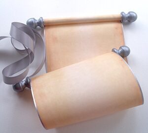 blank scroll with silver accents, handwritten vows, calligraphy or prop, 5 inches wide aged parchment paper, boxed