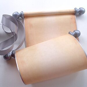 Blank scroll with silver accents, handwritten vows, calligraphy or prop, 5 inches wide aged parchment paper, boxed