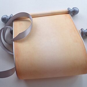 Blank scroll with silver accents, handwritten vows, calligraphy or prop, 5 inches wide aged parchment paper, boxed