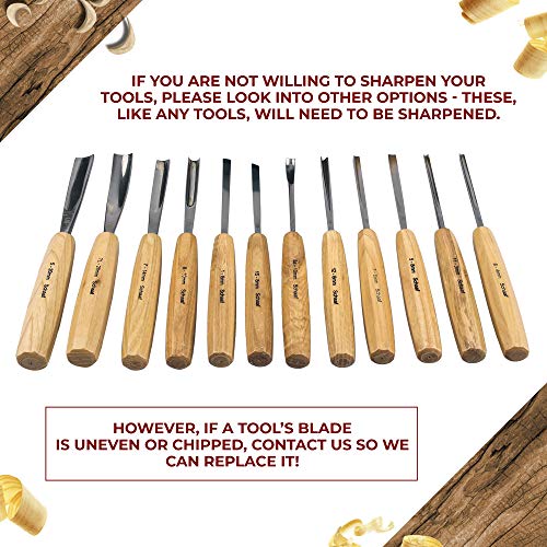 Schaaf Wood Carving Tools Set of 12 Chisels with Canvas Case | Wood Chisels for Woodworking | Wood Working Tools and Accessories | Wood Carving Chisels | Razor Sharp CR-V 60 Steel Blades | Wood Chise